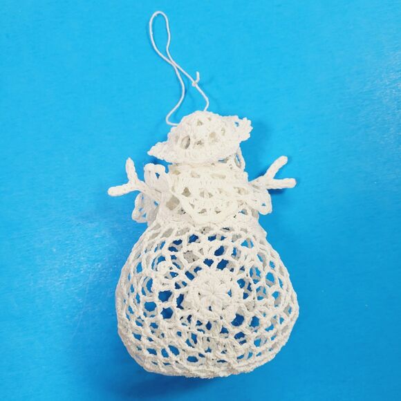 Crochet Snowman Ornament Set Of Three White Starched Glitter Sparkle 6” - Picture 5 of 6